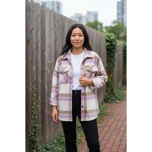 GAP Women's Jacket (S) Plaid Button Up Long‎ Sleeve Pink Brown Beige